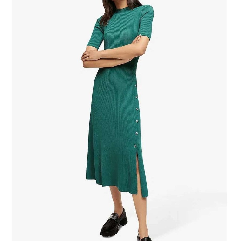 Maje Teal Green Roxia Ribbed Knit Midi Dress Mockneck A Line Size 38 Medium